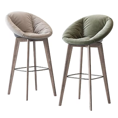 Modern Upholstered Bar Stools With Wooden Legs And Metal Crossbar In Neutral And Green Tones 3d model