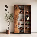 Traditional Wooden Shelf With Decorative Vases Bowls Books And Potted Olive Plant