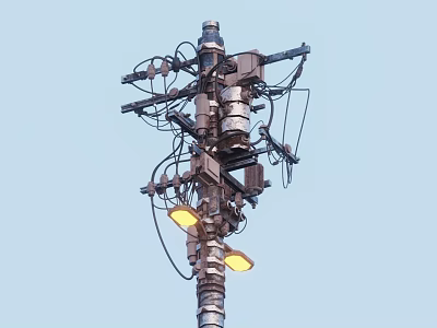 Utility Pole With Wires Electrical Equipment And Street Lights Against Blue Sky 3d model