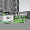Modern Urban Plaza Landscape Design With High Rise Buildings Green Space And Pedestrian Walkways