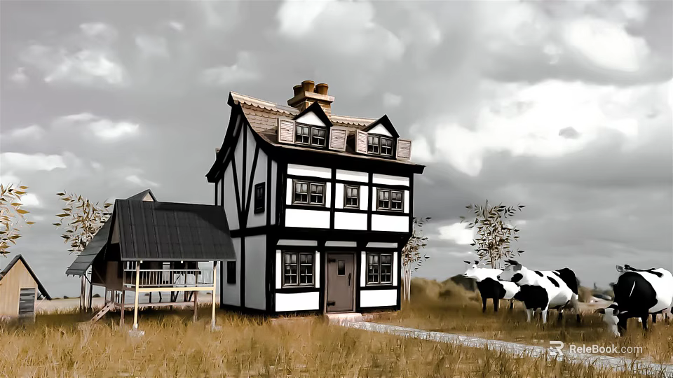 Traditional Tudor Style House in Countryside Grassland with Cows Trees and Small Building 3d model 