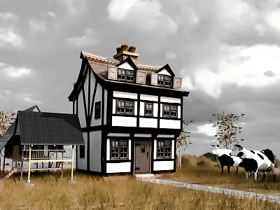 Traditional Tudor Style House in Countryside Grassland with Cows Trees and Small Building 3d model
