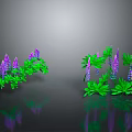 Purple Flowers With Green Leaves On Two Plant Clusters In Gray Background With Reflections