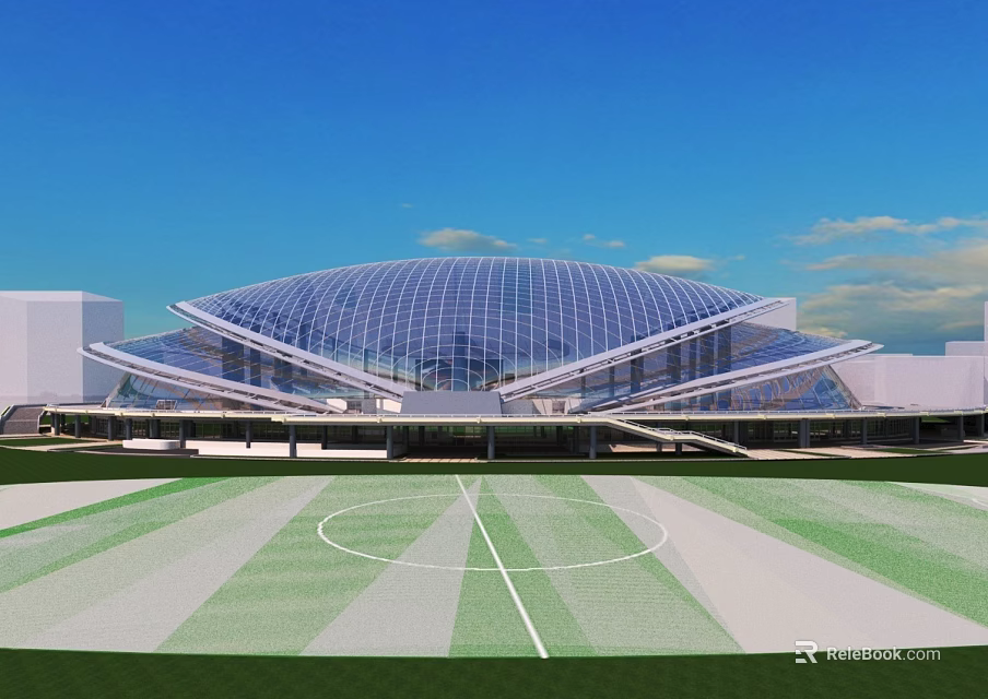 Modern Sports Stadium Building Featuring Glass Dome and Football Field Exterior 3d model 