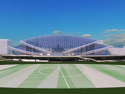 Modern Sports Stadium Building Featuring Glass Dome and Football Field Exterior 3d model