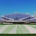 Modern Sports Stadium Building Featuring Glass Dome and Football Field Exterior