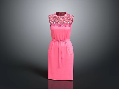 Elegant Sleeveless Pink Dress With Lace Decorated Neckline And Waist Belt 3d model