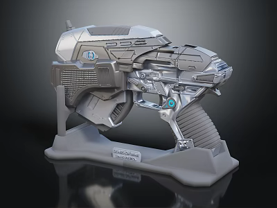 Futuristic Sci Fi Weapon With Metallic Intricate Design And Display Stand 3d model