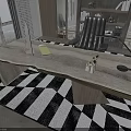 Wooden Office Desk With Monitor Stand Yellow Notebook Black Lamp On Black White Geometric Rug