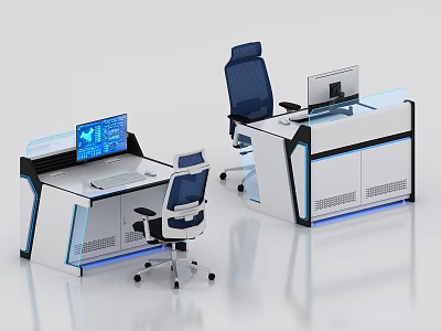 Modern Office Desks With Computer Monitors Ergonomic Blue Chairs And White Design 3d model
