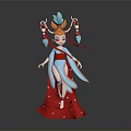 3D Traditional Character Model With Blue Top Red Skirt Decorative Headpiece And Flowing Ribbons