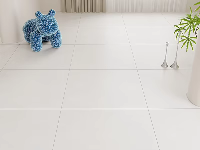 White Floor Tiles In Bright Interior With Blue Plush Toy And Green Plant 3d model