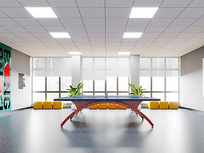 Indoor Sports Fitness Area With Ping Pong Table Blue Surface Red Frame And Yellow Seats 3d model