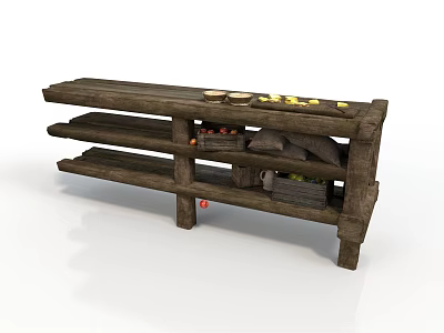 Rustic Wooden Multi Tiered Shelf With Dishes And Yellow Fruits In Building Interior 3d model