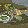 Scenic Kids Play Area Surrounded By Green Trees And Water With Colorful Circular Structures