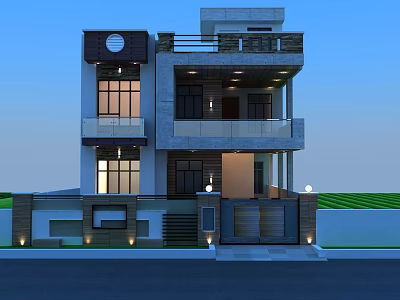 Modern Detached Villa Exterior Design With Balconies Large Windows And Lighting 3d model