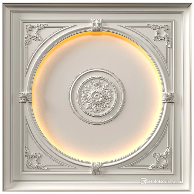 Ornate Circular Ceiling with Carved Central Pattern Soft Lighting and Decorative Frame 3d model