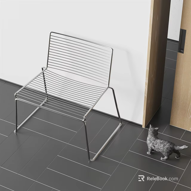 Modern Sleek Metal Leisure Chair Design With Dark Tile Floor White Wall Small Cat Nearby 3d model 