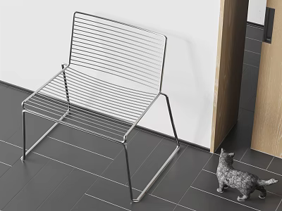 Modern Sleek Metal Leisure Chair Design With Dark Tile Floor White Wall Small Cat Nearby 3d model