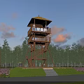 Scenic View with Observation Tower Trees Grass Flowers Blue Sky and Pink Clouds