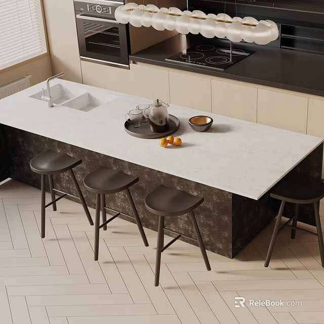 Modern Kitchen Island Dining Set With White Countertop Black Stools And Fruits 3d model 