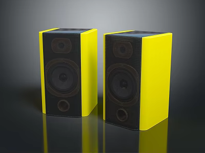 Pair of Yellow Standing Speakers With Modern Design And Black Front Panels 3d model