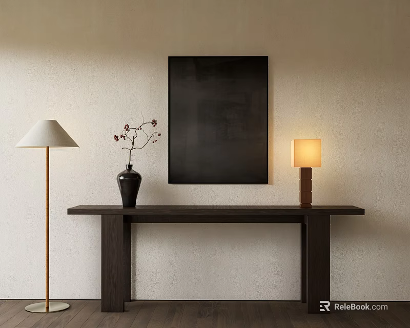 Long Wooden Console Table With Black Wall Art Table Lamp Floor Lamp And Vase With Branches 3d model 