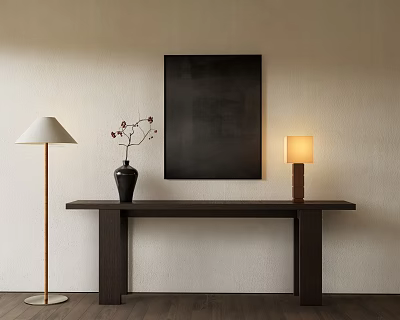 Long Wooden Console Table With Black Wall Art Table Lamp Floor Lamp And Vase With Branches 3d model