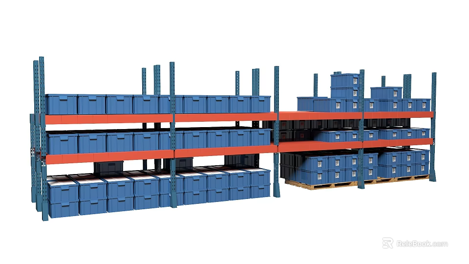 Sturdy Multi Tiered Display Shelves With Blue Storage Boxes For Organized Storage 3d model 