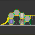 Colorful Hexagon Playground Structure With Slide Climbing Net And Red Base For Kids