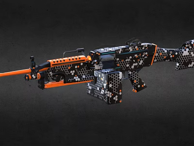 Modern Tactical Rifle with Black Orange Hexagonal Camo Pattern and Scope for Precision Shooting 3d model