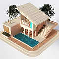 Modern House With Sloped Roof Swimming Pool Terrace Stairs Balcony And Trees
