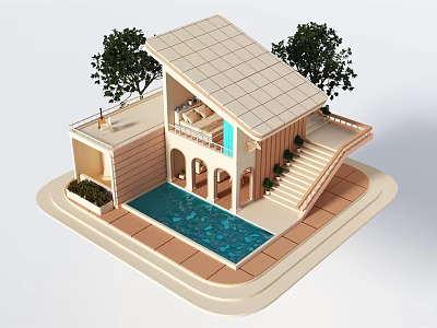 Modern House With Sloped Roof Swimming Pool Terrace Stairs Balcony And Trees 3d model