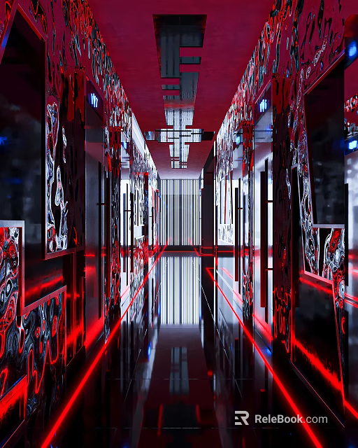 Luxurious Modern KTV Corridor With Red Lighting Mirrored Decor And Carved Details 3d model 