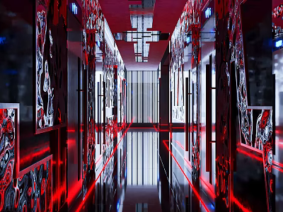 Luxurious Modern KTV Corridor With Red Lighting Mirrored Decor And Carved Details 3d model