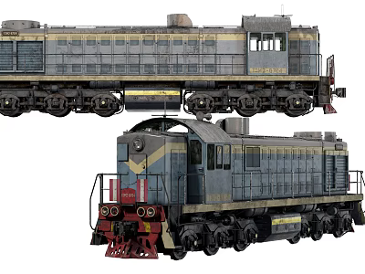 Vintage Diesel Train With Blue Gray Exterior Rustic Locomotive Carriages And Old Style Wheels 3d model