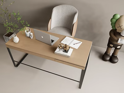 Home Office Wooden Desk With Laptop Open Notebook Pen Holder Potted Plant And Gray Chair 3d model