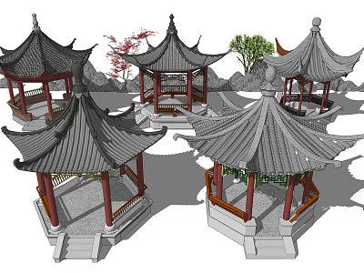Classic Chinese Pavilions Featuring Traditional Roofs Red Pillars And Garden Scenery 3d model