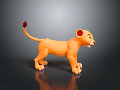 Cartoon Lion Cub 3D Model With Orange Fur Red Tail Tip Standing On Black Surface 3d model