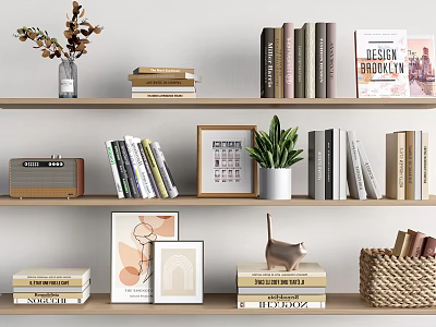 Decorative Ornament Combination With Books Photo Frames Potted Plant Cat Figurine And Wicker Basket 3d model