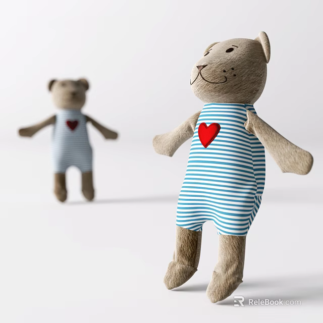 Cat Shaped Plush Toy Wearing Blue White Striped Overalls With Red Heart And Bear Doll 3d model 
