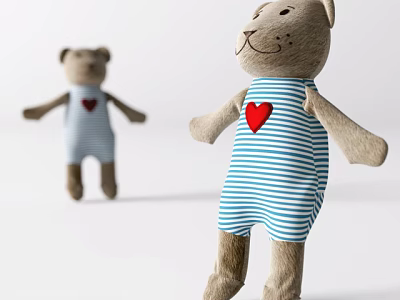 Cat Shaped Plush Toy Wearing Blue White Striped Overalls With Red Heart And Bear Doll 3d model