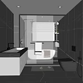 Modern Dark Bathroom Interior Design With Freestanding Bathtub Roller Blind And Vanity