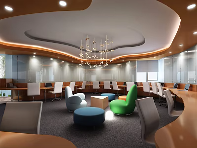 Modern Public Office Space With Colorful Seating Hanging Pendant Lights And Open Layout 3d model