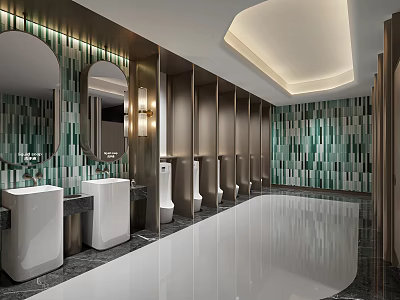 Modern Public Toilet Design With Green Tiles Mirrors And Sinks 3d model