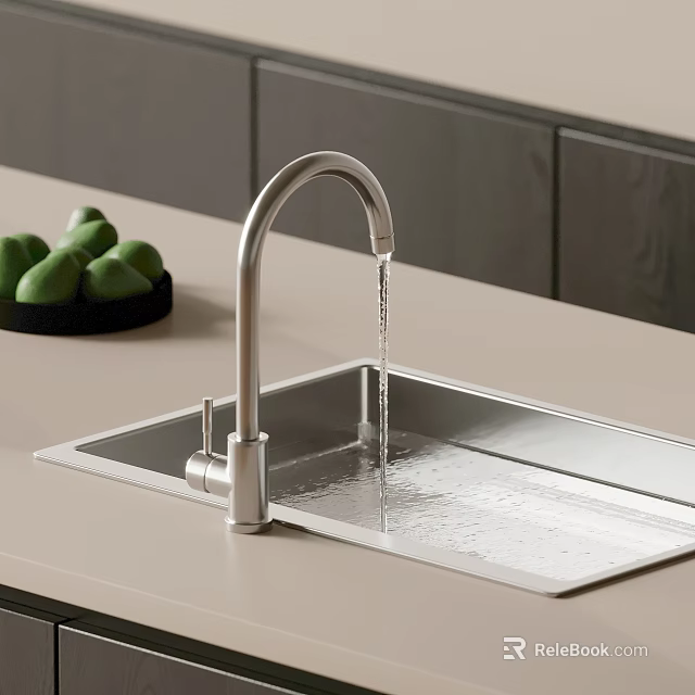 Stainless Steel Kitchen Sink With Silver Faucet Green Fruits On Counter 3d model 