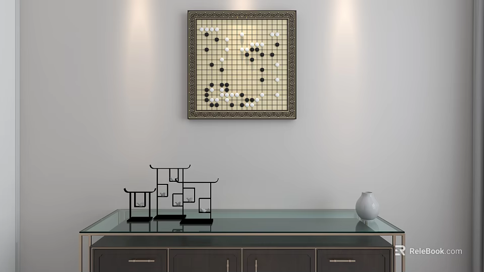 Go Board Wall Art with Black White Stones and Decorative Frame on White Wall 3d model 