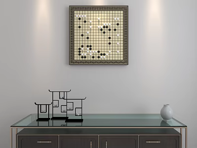 Go Board Wall Art with Black White Stones and Decorative Frame on White Wall 3d model