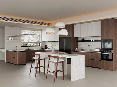 Modern Kitchen Interior With Marble Island Pendant Lights And Cabinets 3d model