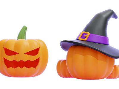 Halloween Themed Decorative Ornament Set With Carved Pumpkin And Witch Hat Accents 3d model